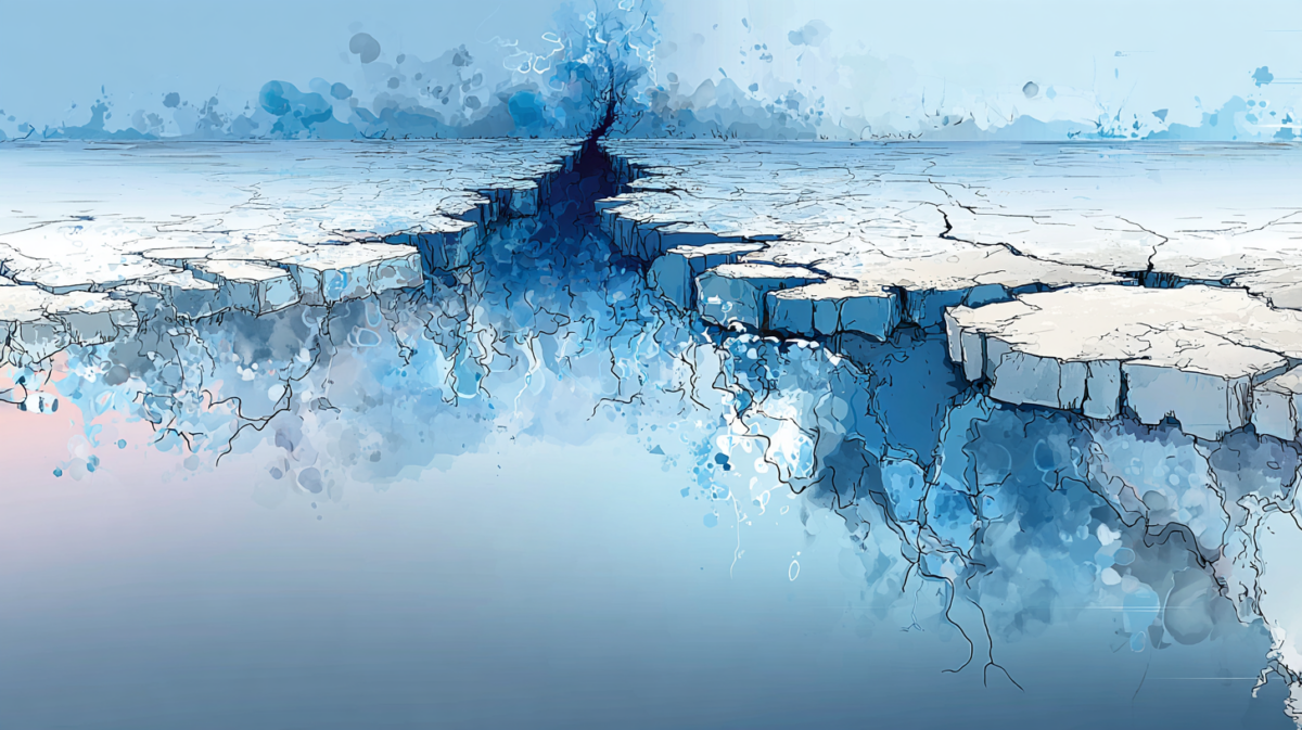 Abstract blue landscape with a jagged crack running from the foreground toward the horizon, forming a deep blue fissure and reflections in the water-like surface.