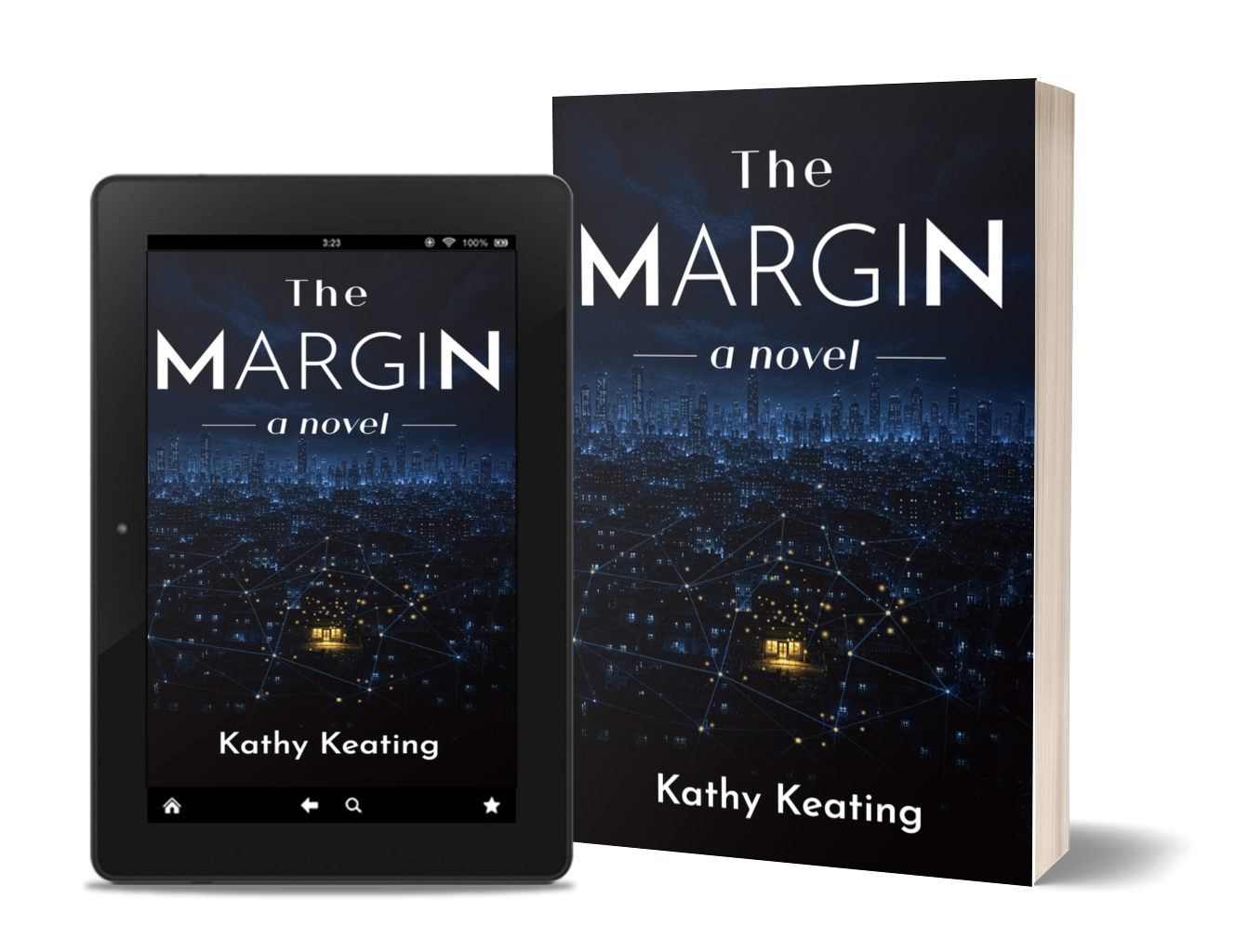 Cover of the novel 'The Margin' by Kathy Keating, showing a nighttime city skyline with network lines and lights on blue tones.